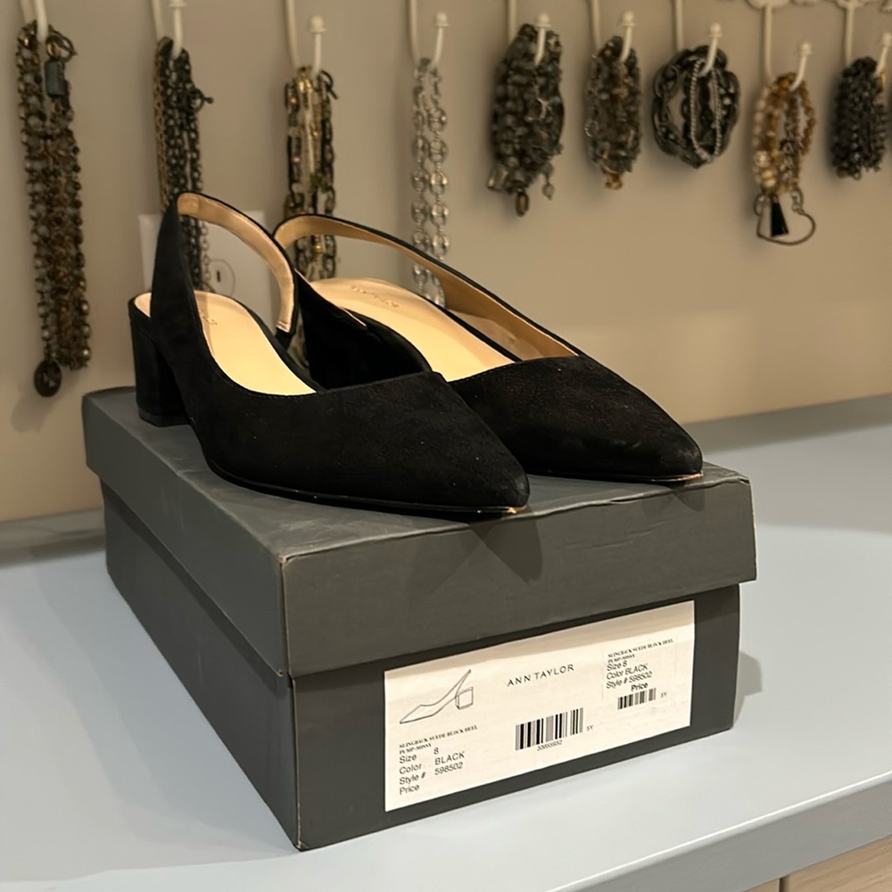 Black suede slingback block heel pumps